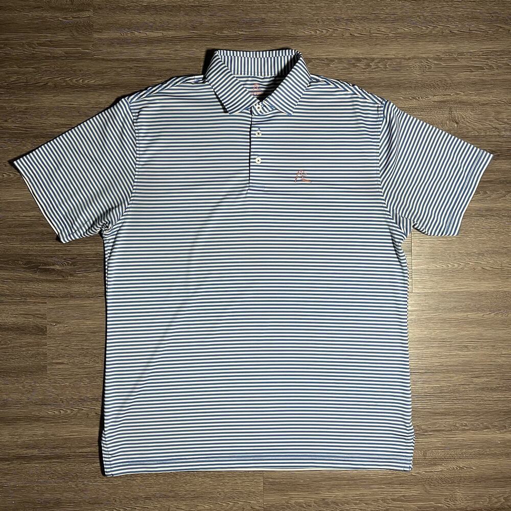 Rhoback The Birdie Stripe Performance Polo Men's L Blue White w/ Pink Logo EUC
